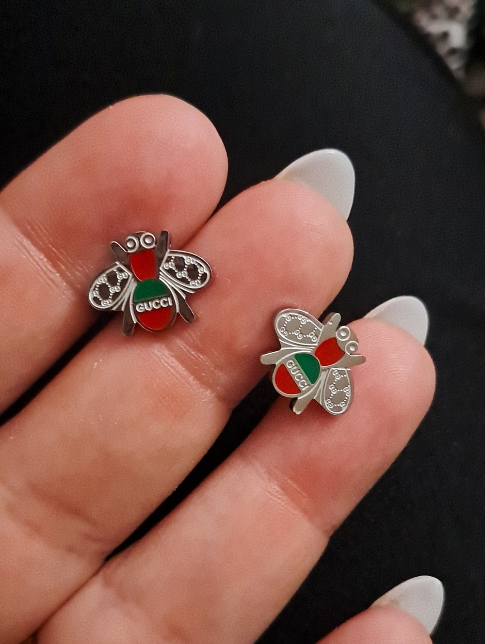 Red and Green Bee Logo Stud Earrings - Picture 2 of 2